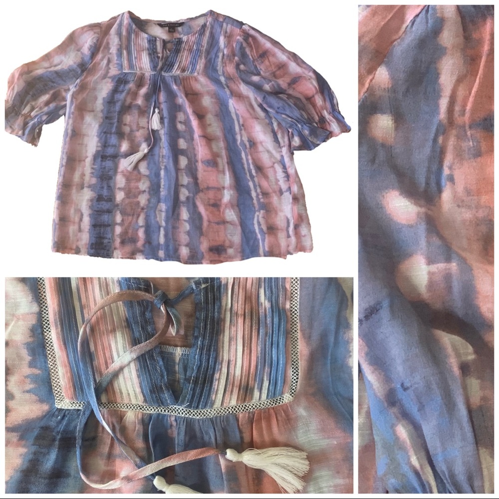 Zac & Rachel Women’s Peasant Blouse Boho Top Shirt Tunic Tie Dye Tasseled MEDIUM